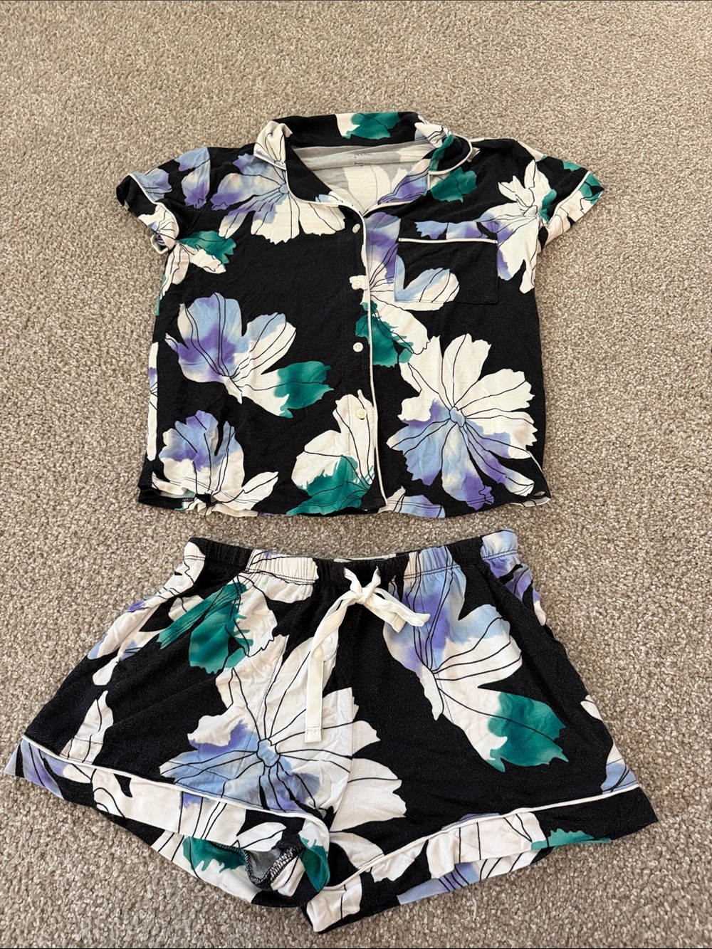 Women’s Floral Two-Piece Pajama Set - Black with White, Purple & Teal Flowers